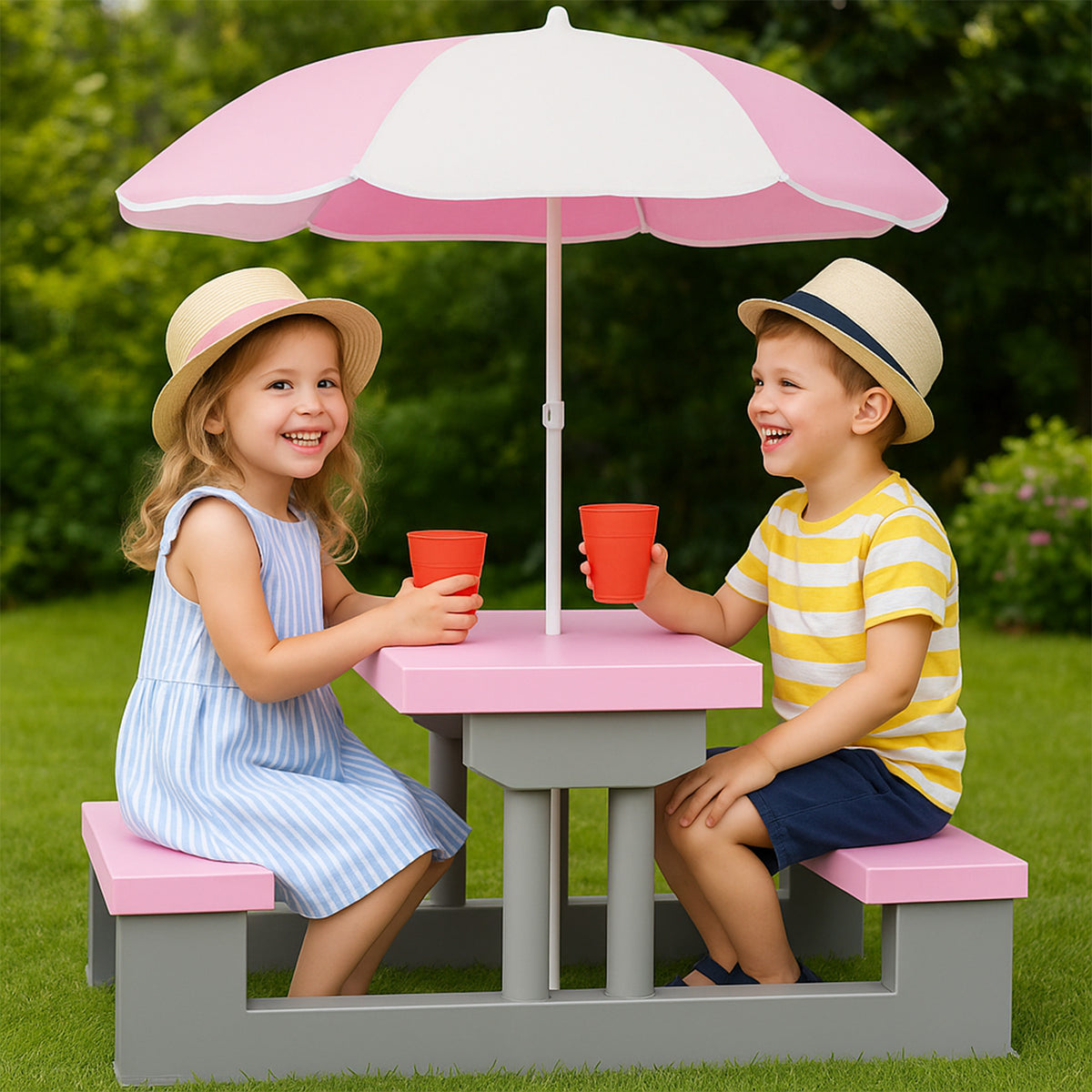 Set di sedute bambini tavolo e ombrellone rosa 67cmx41cm