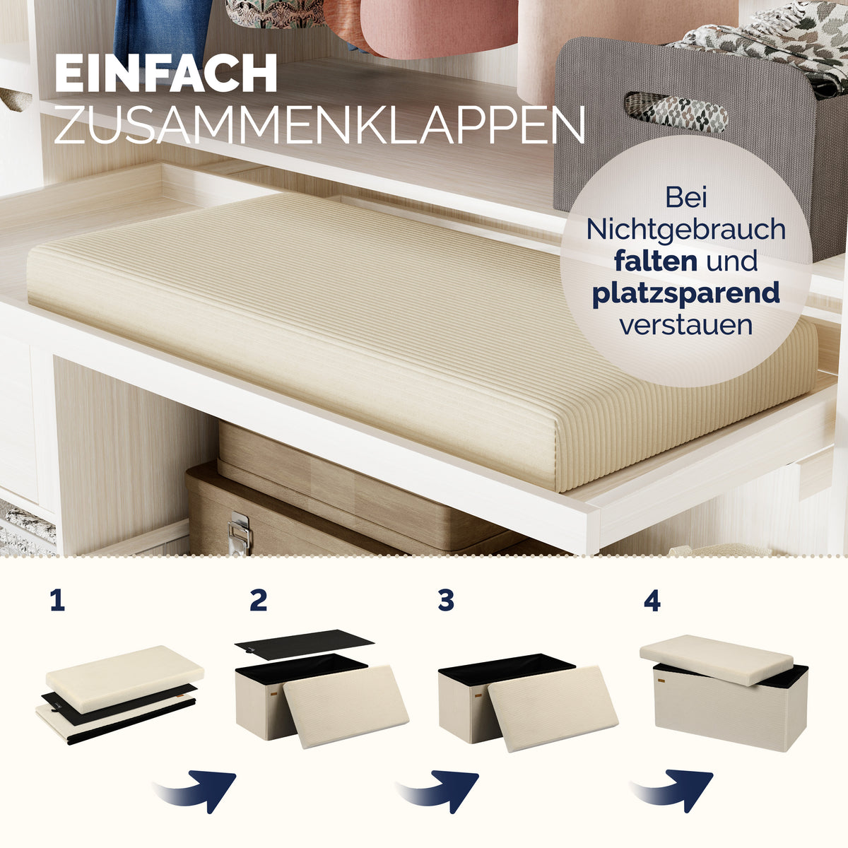 Panchina Beige Corda 76x38x38cm MDF pieghevole