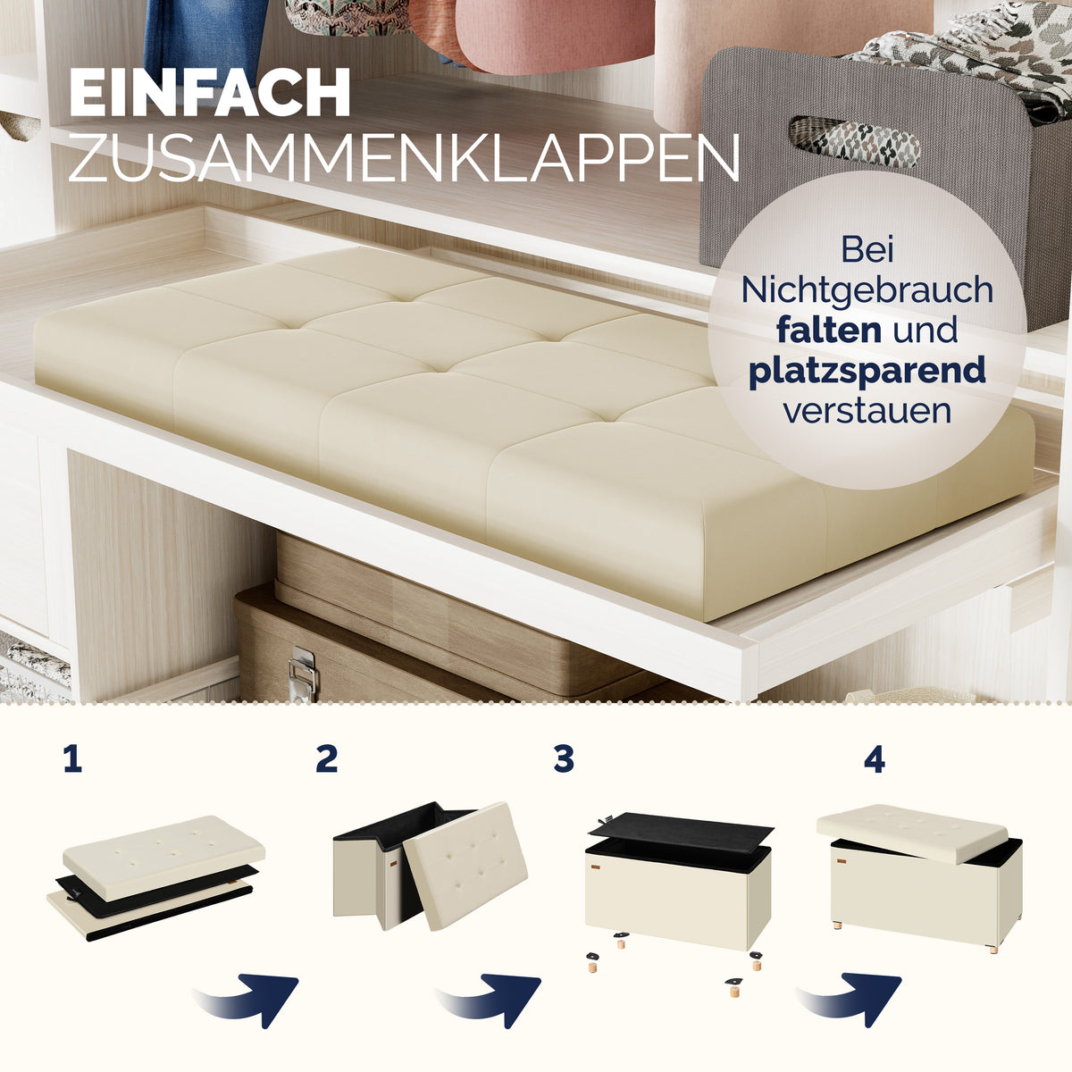 Panca in velluto beige 76x38x42cm pieghevole con spazio di archiviazione