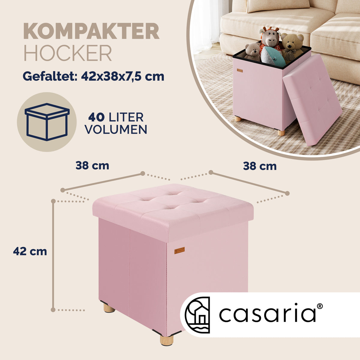 Sgabello in velluto rosa 42x38x38cm pieghevole