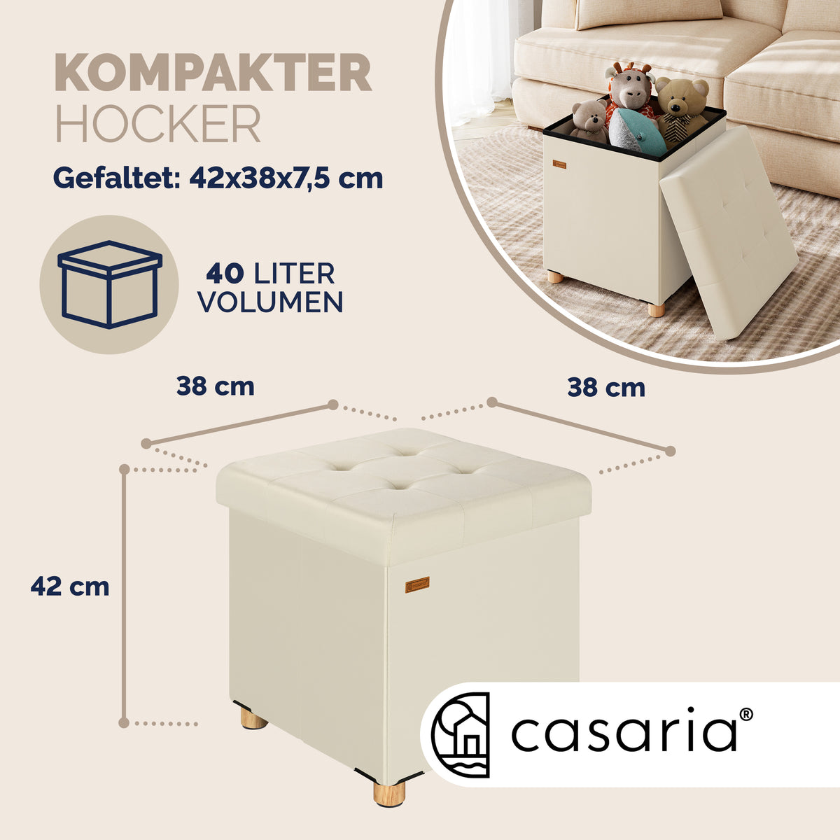 Sgabello Beige in velluto 42x38x38cm pieghevole