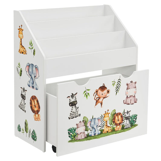 Libreria per bambini con 3 ripiani e box estraibile per giocattoli