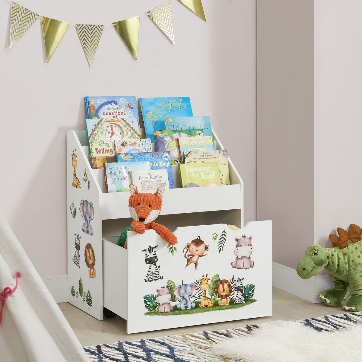 Libreria per bambini con 3 ripiani e box estraibile per giocattoli