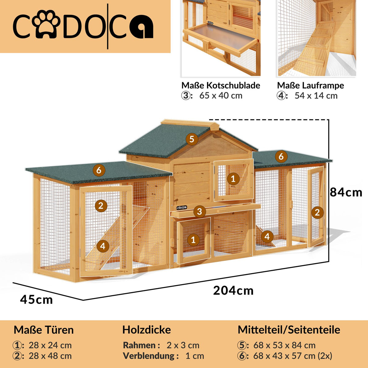 Cuccia per conigli a 2 piani in legno 204x45x84cm