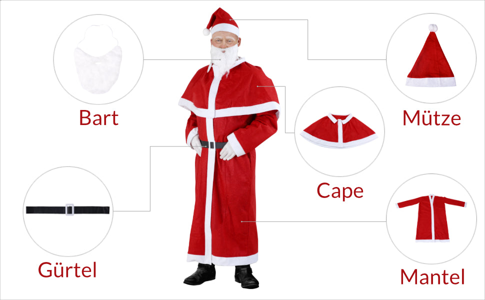 Costume babbo natale 5 pezzi rosso poliestere
