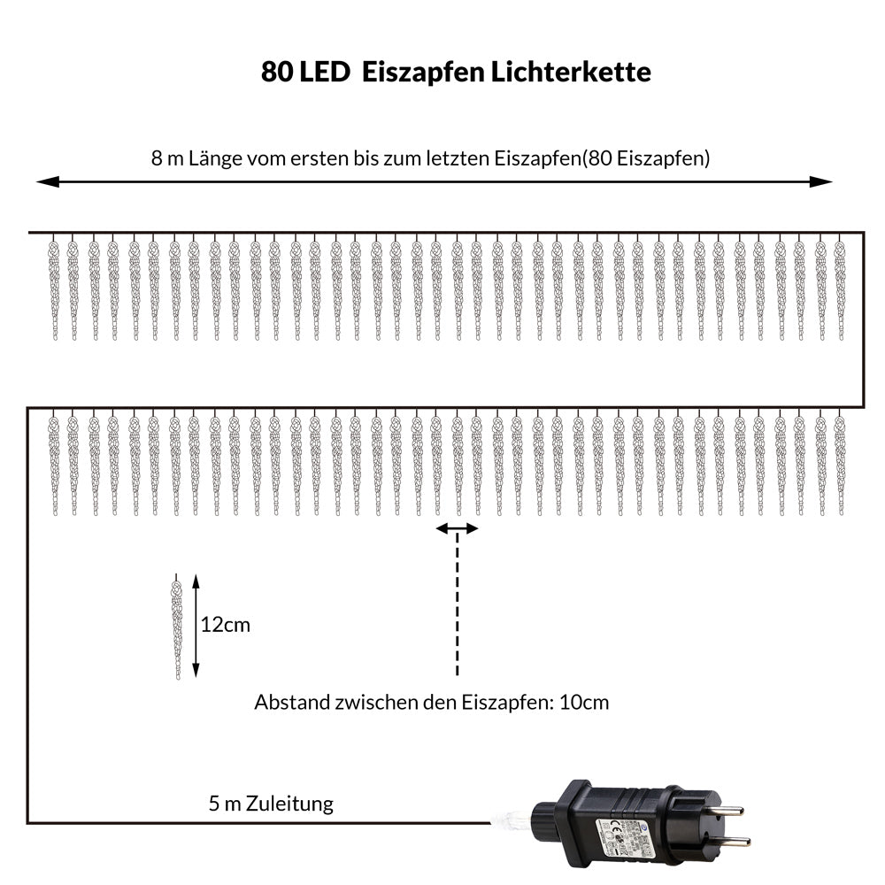 Luci di natale 80 stalattiti luminose LED 13m blu