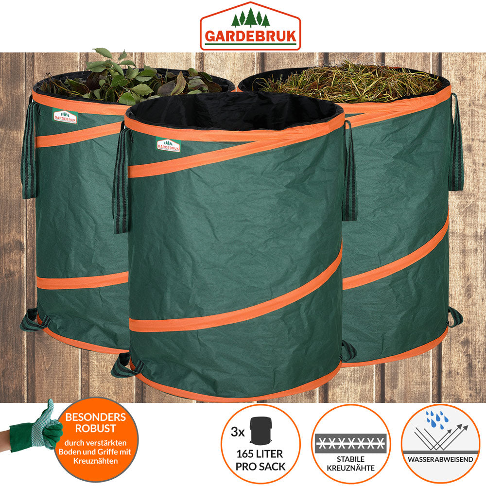Set 3 Sacco da giardino pieghevole con chiusura verde 165l