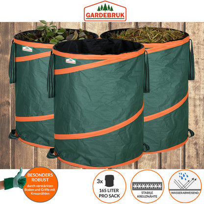 Set 3 Sacco da giardino pieghevole con chiusura verde 165l