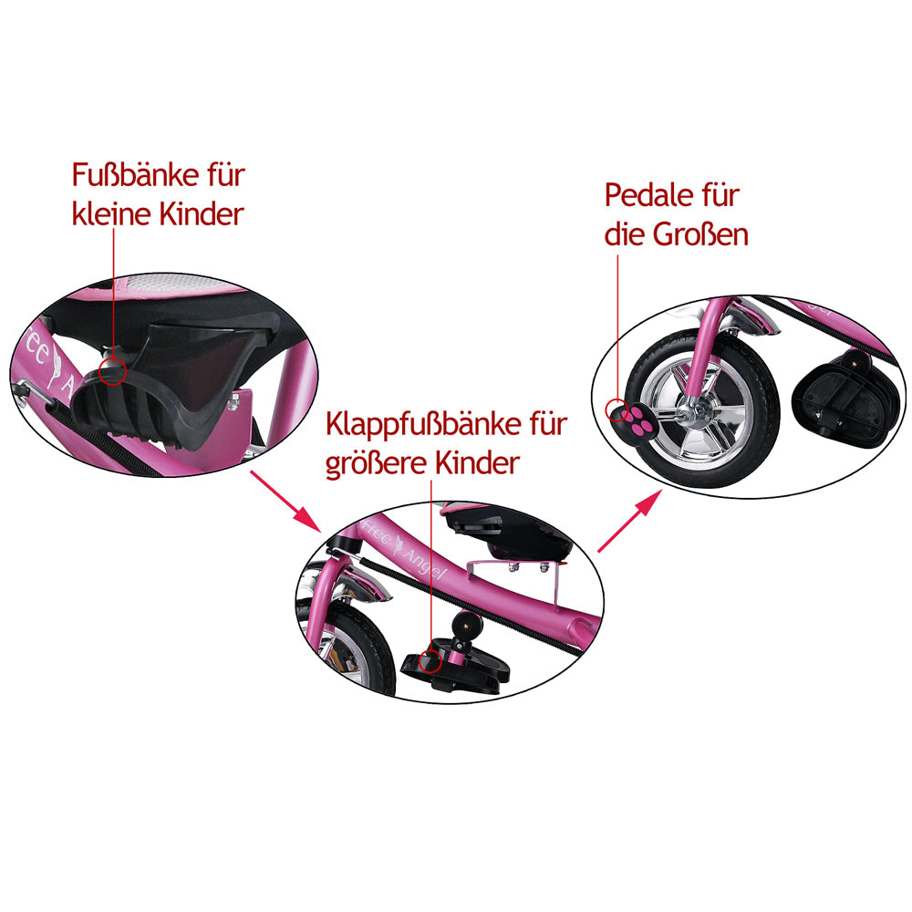 Triciclo passeggino per bambini rosa con cappotta