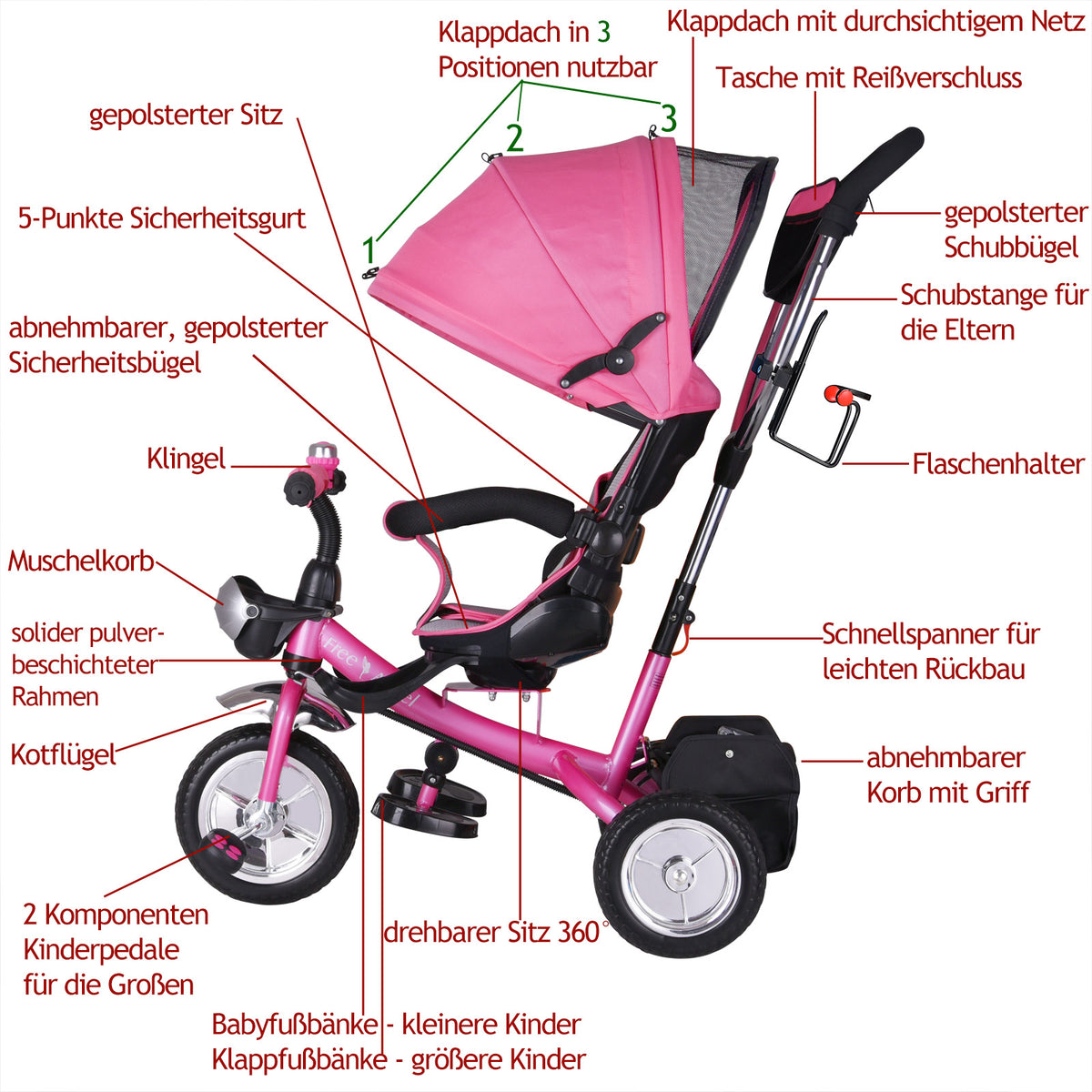 Triciclo passeggino per bambini rosa con cappotta