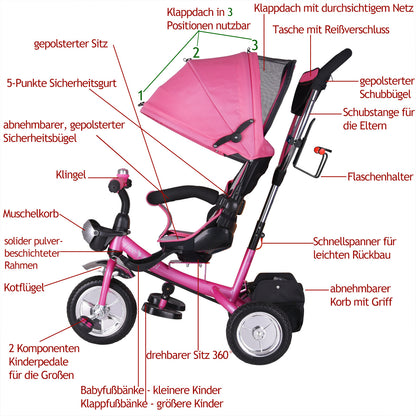 Triciclo passeggino per bambini rosa con cappotta