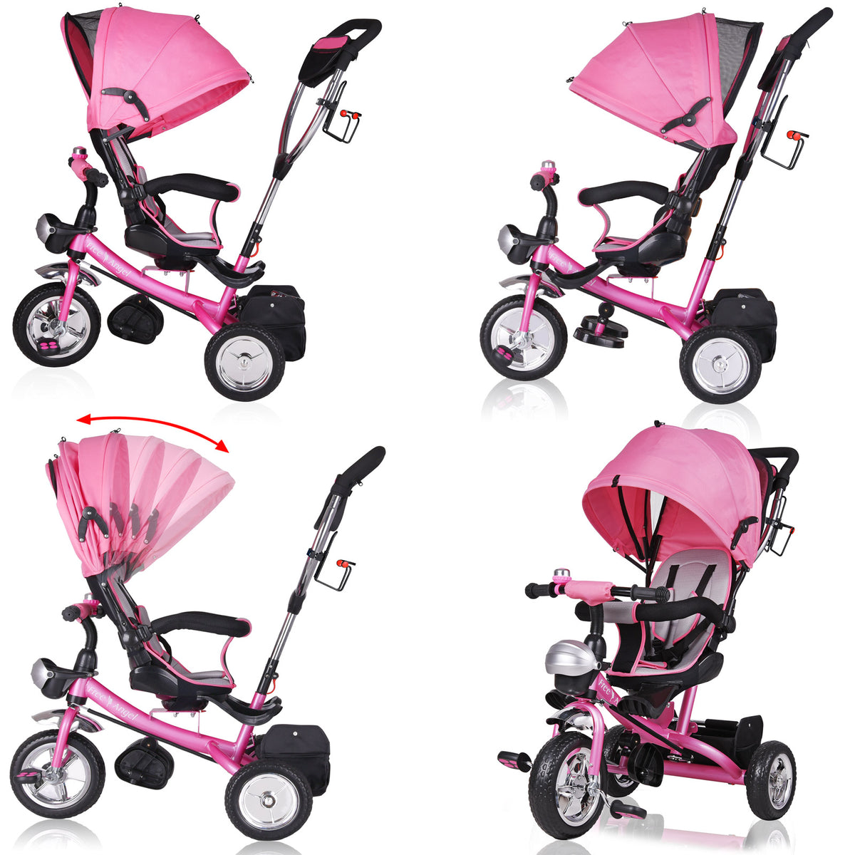 Triciclo passeggino per bambini rosa con cappotta