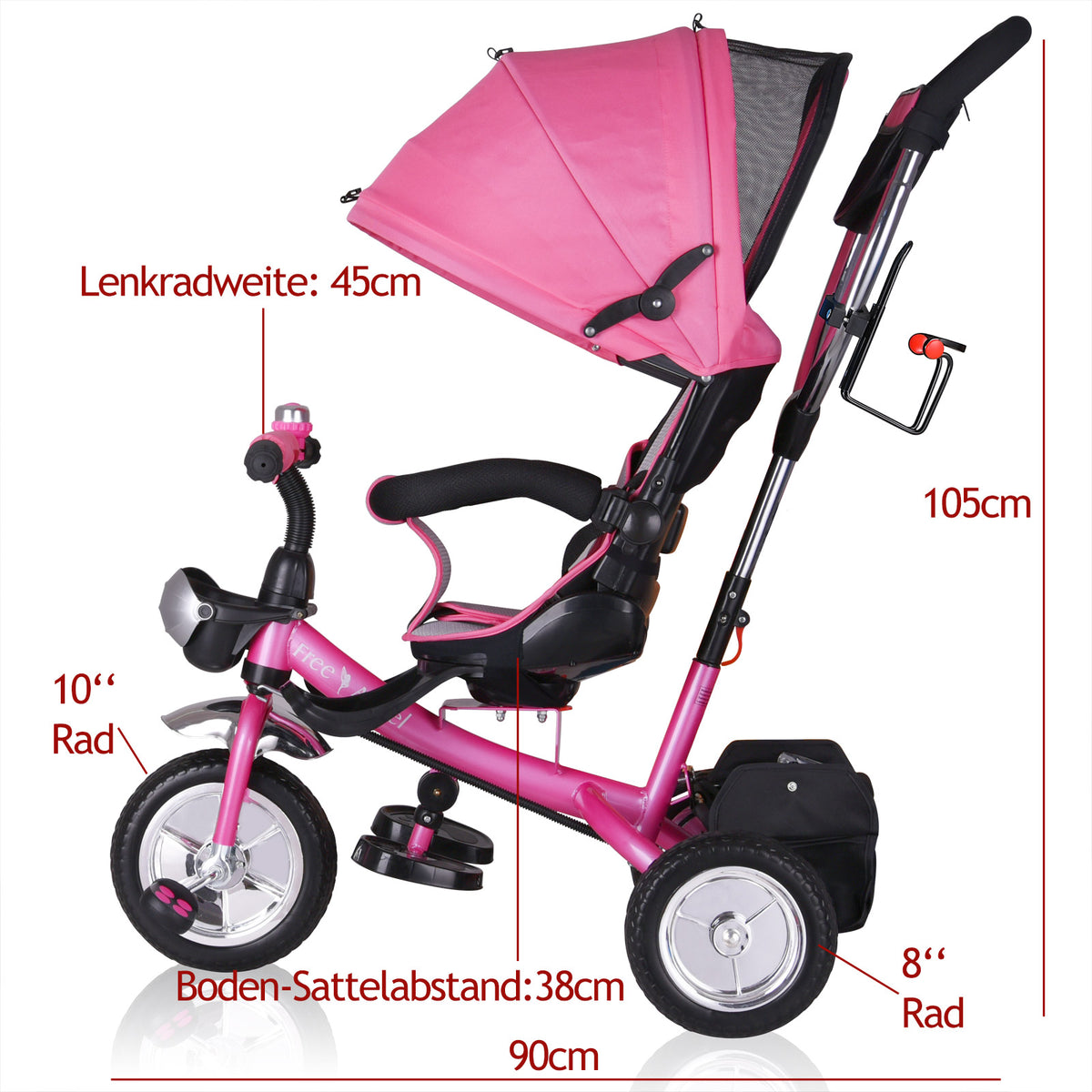 Triciclo passeggino per bambini rosa con cappotta