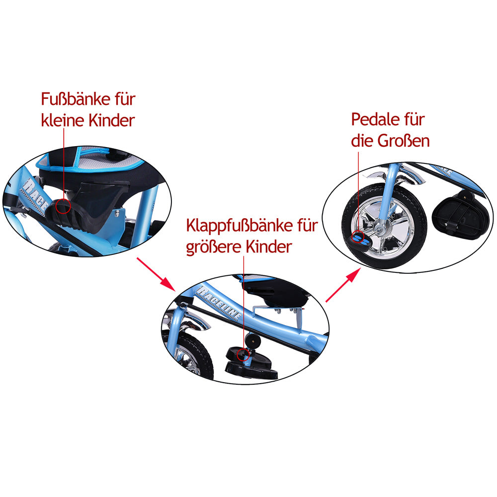 Triciclo passeggino per bambini blu con cappotta