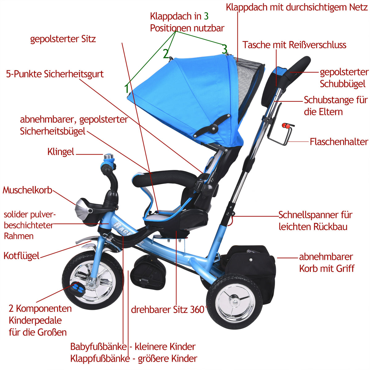 Triciclo passeggino per bambini blu con cappotta