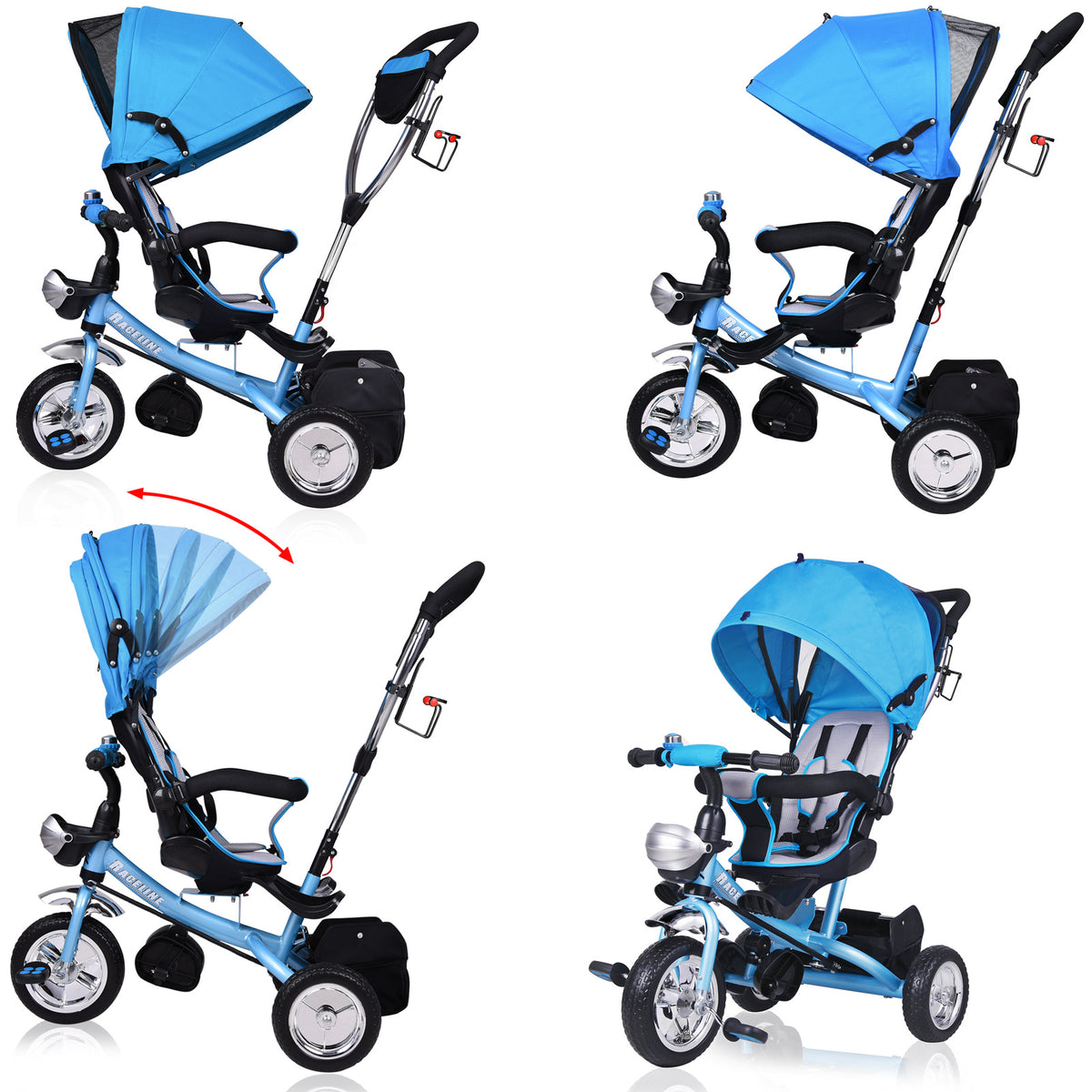 Triciclo passeggino per bambini blu con cappotta