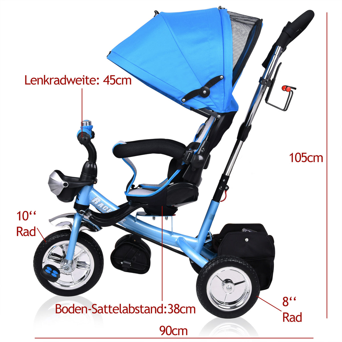 Triciclo passeggino per bambini blu con cappotta