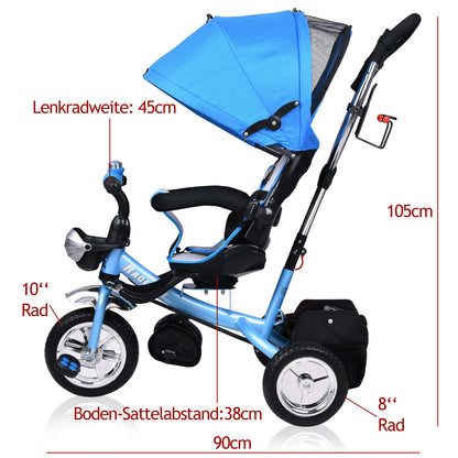 Triciclo passeggino per bambini blu con cappotta