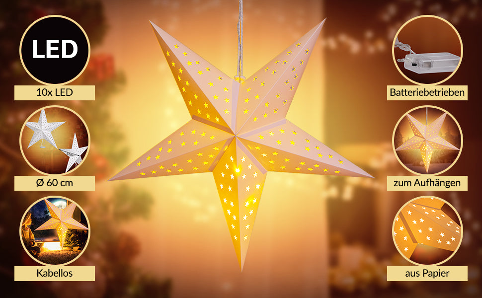 Stella di carta panna 60 cm 5 punte 10 LED a stelline
