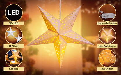 Stella di carta panna 60 cm 5 punte 10 LED a stelline