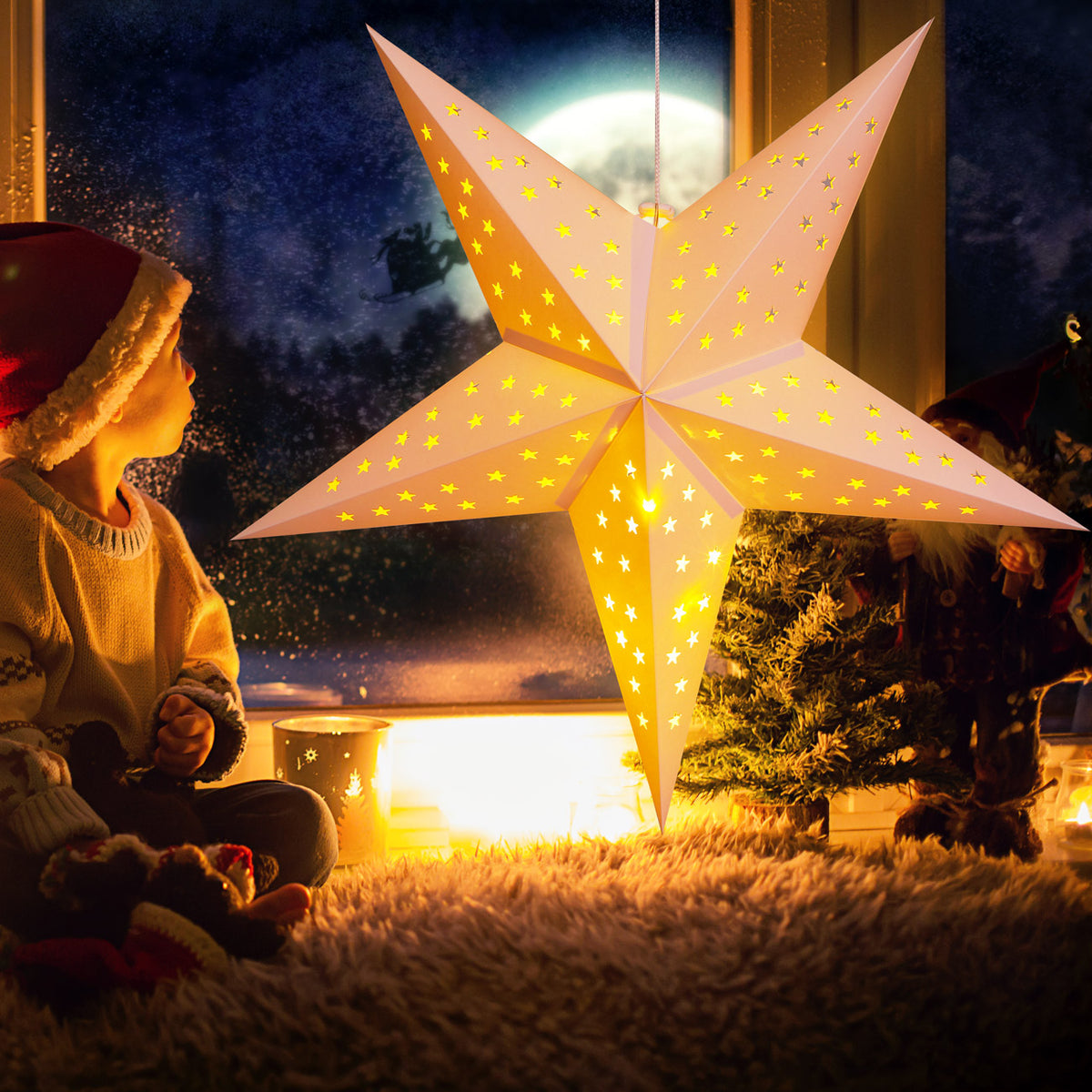 Stella di carta panna 60 cm 5 punte 10 LED a stelline