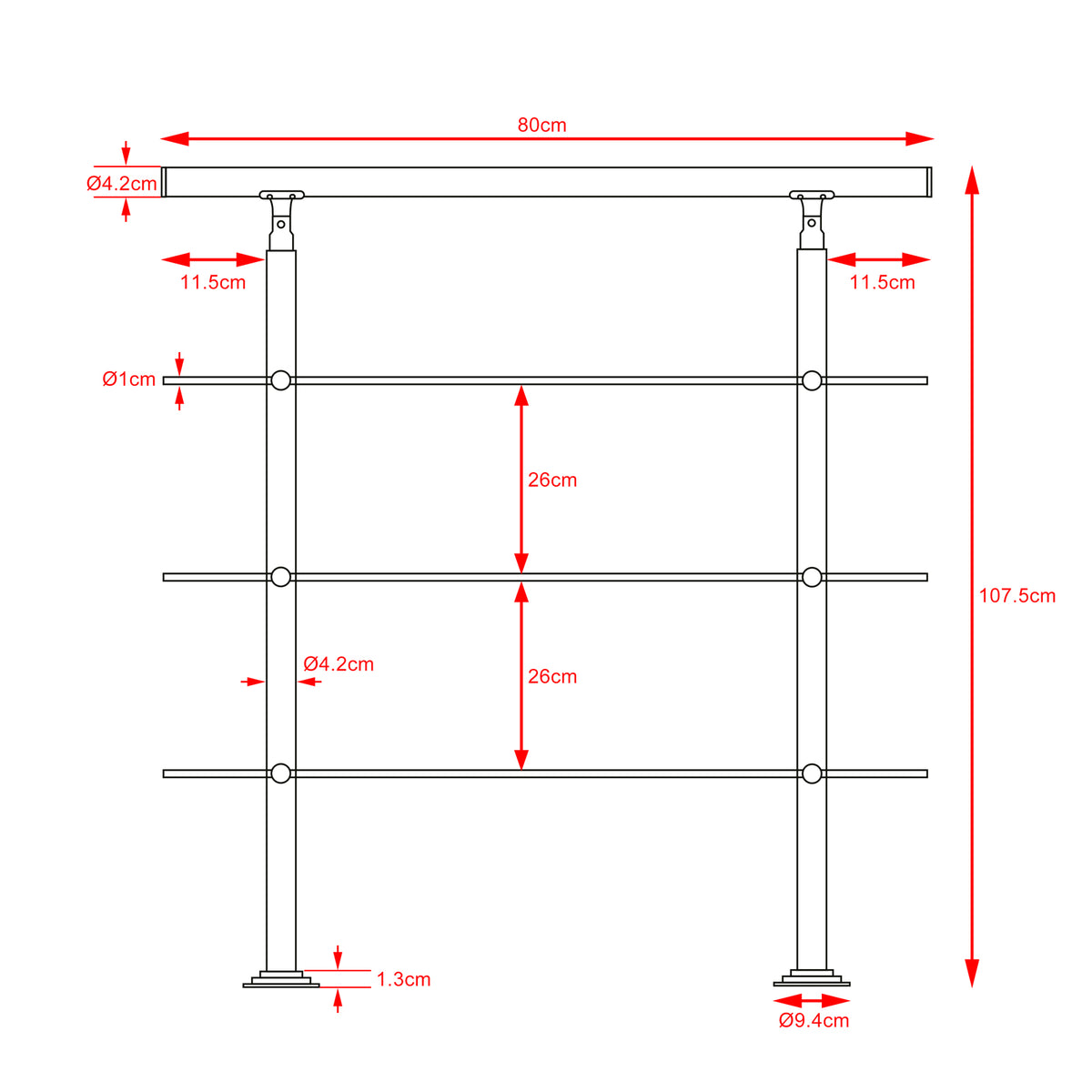 Corrimano per scale acciaio 80cm - 3 traverse