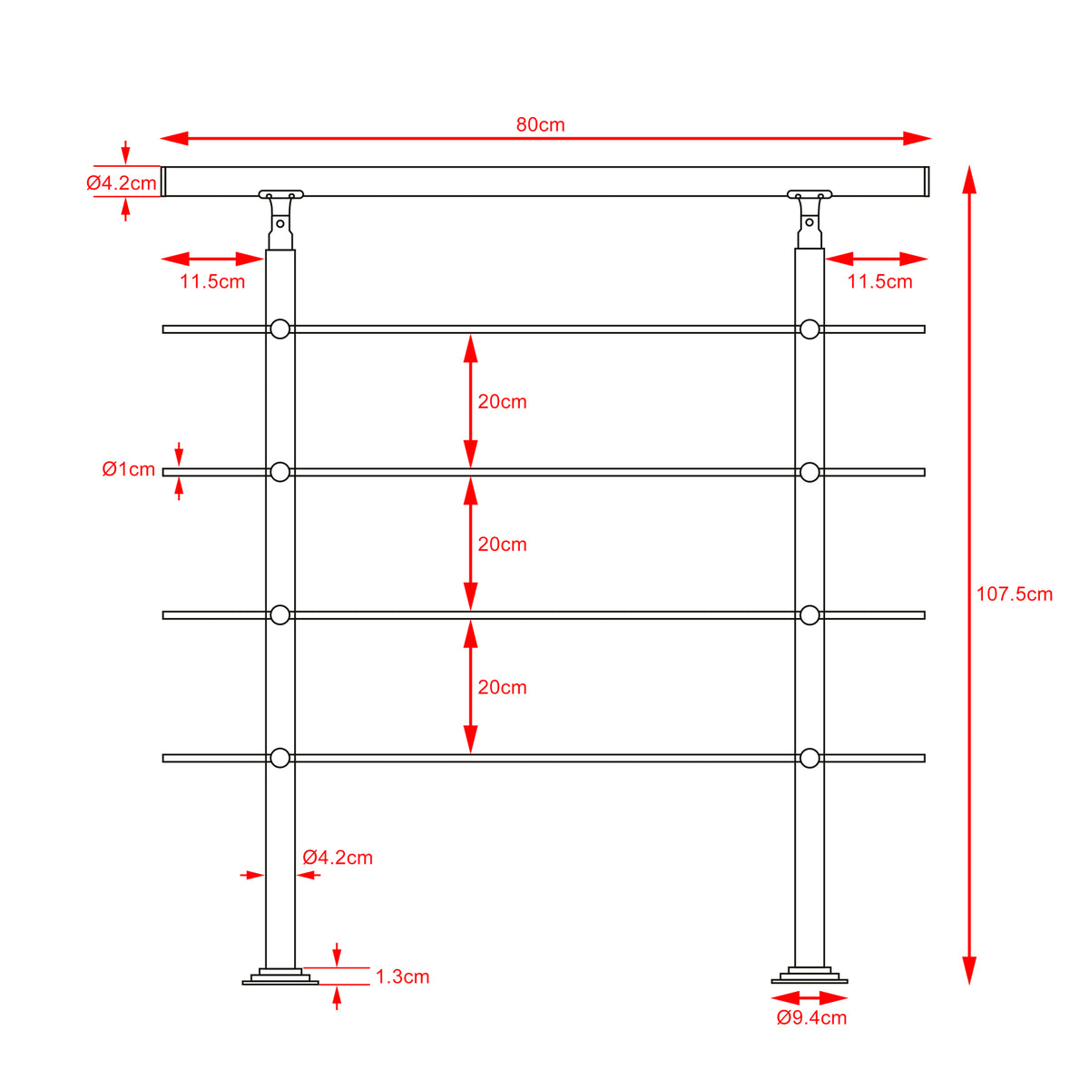 Corrimano per scale acciaio 80cm - 4 traverse