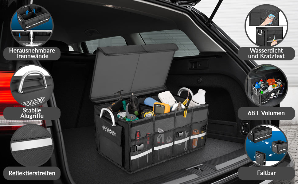 Organizer bagagliaio auto nero 68L con coperchio rimovibile