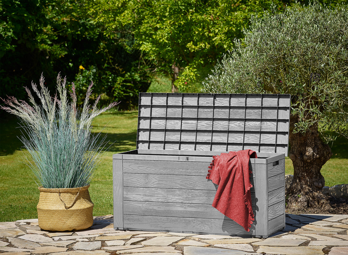 Baule da giardino Woody grigio 116x43x55cm