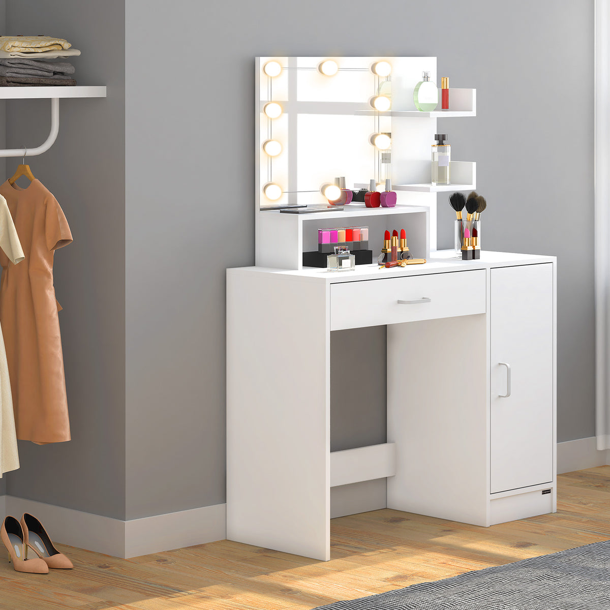 Tavolino da trucco bianco 140x90x40cm cassetto specchio LED