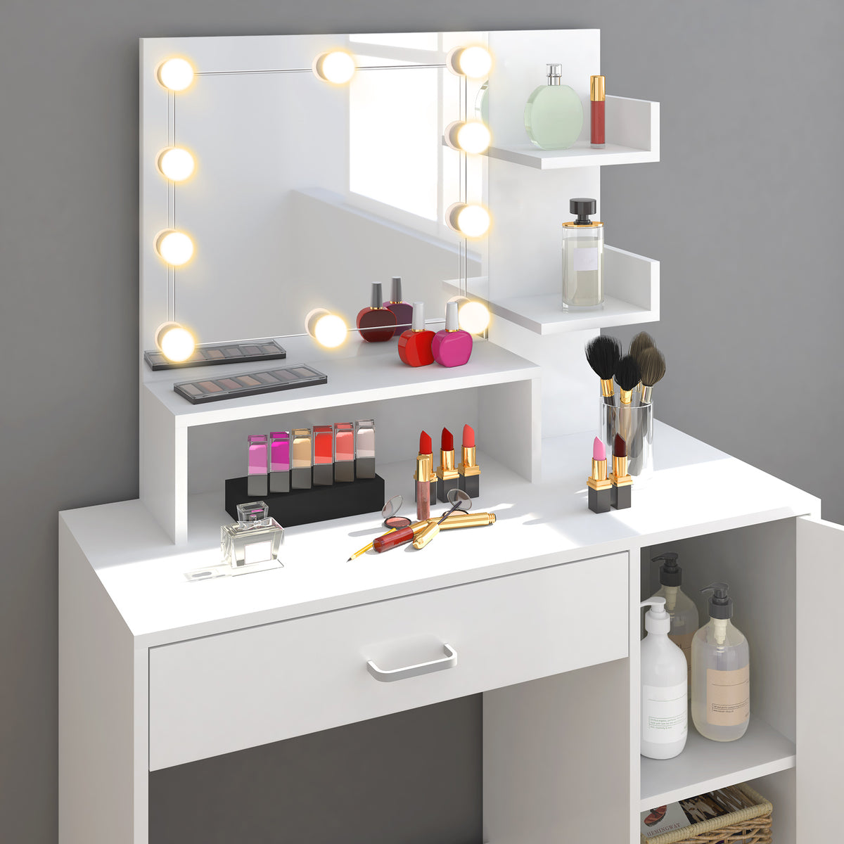 Tavolino da trucco bianco 140x90x40cm cassetto specchio LED