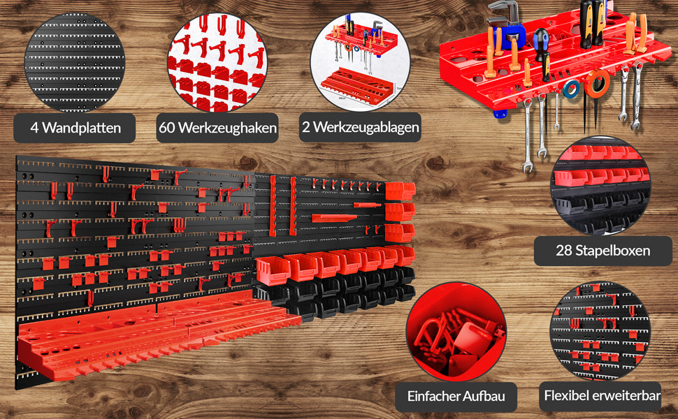 Scaffale a muro officina 97 pezzi nero/rosso