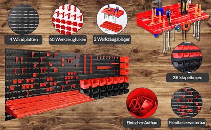 Scaffale a muro officina 97 pezzi nero/rosso
