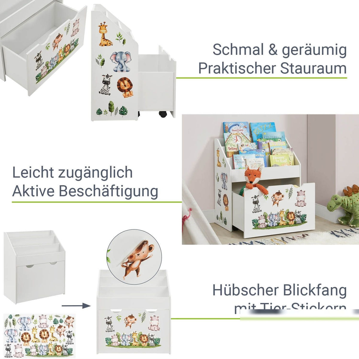Libreria per bambini con 3 ripiani e box estraibile per giocattoli